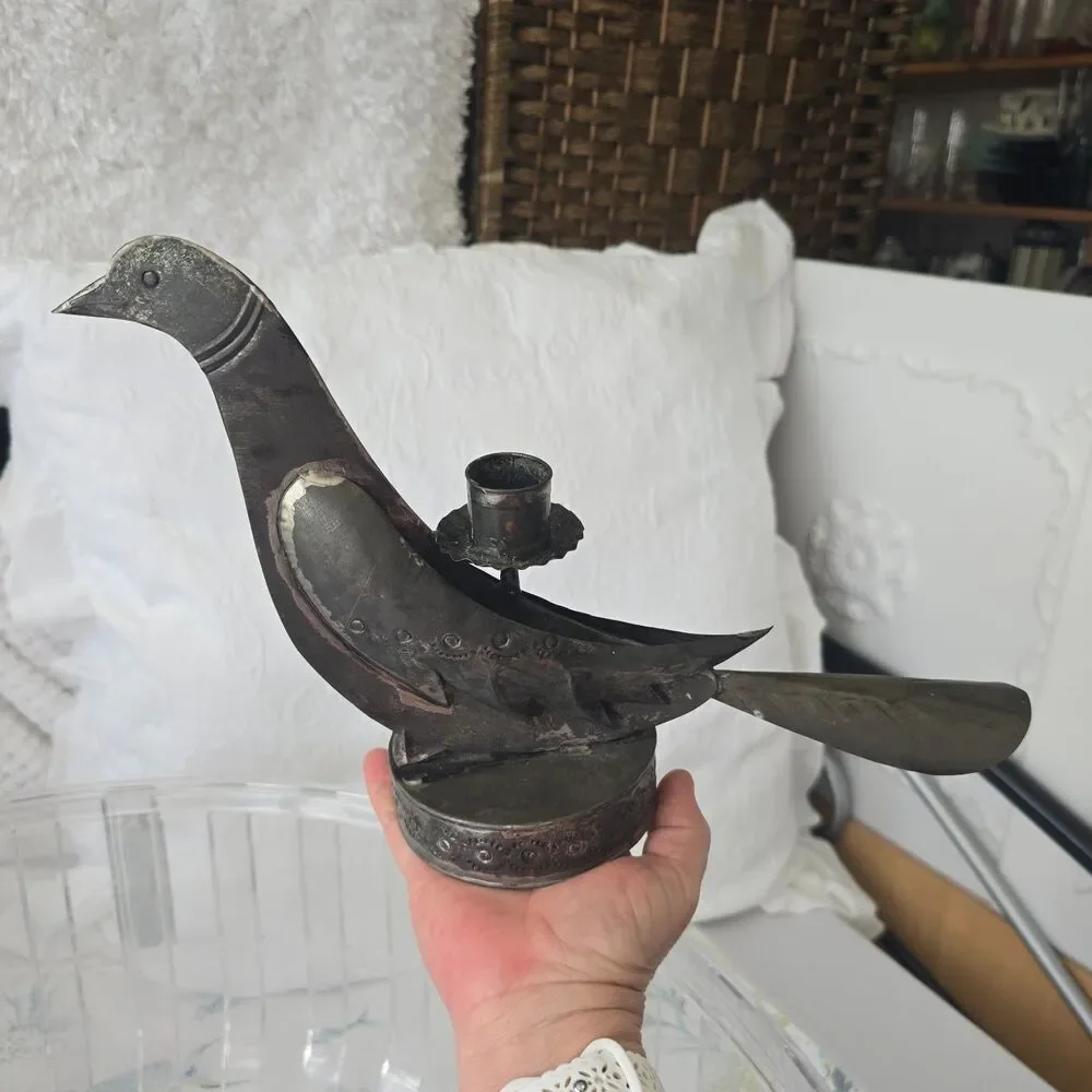 2 pc Antique Embossed Tin Folk Art Doves Birds Candle Holders Punched Rustic 14
